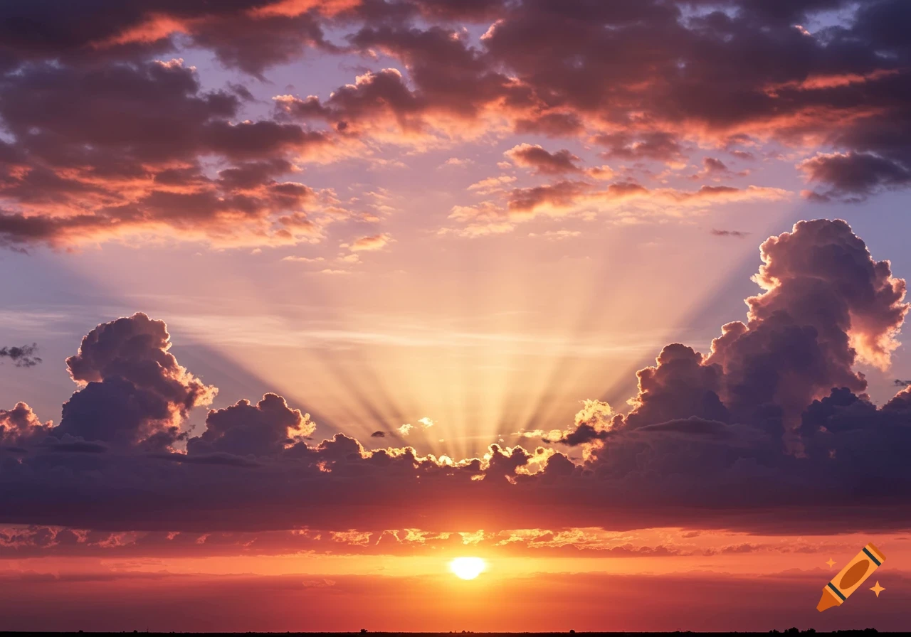A dramatic sunset with golden light rays breaking through dark clouds over a dark horizon.