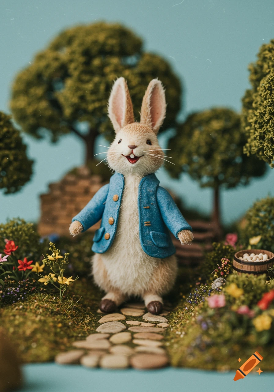 Miniature vintage model of a happy rabbit wearing a blue jacket, standing on a stone path in a garden.