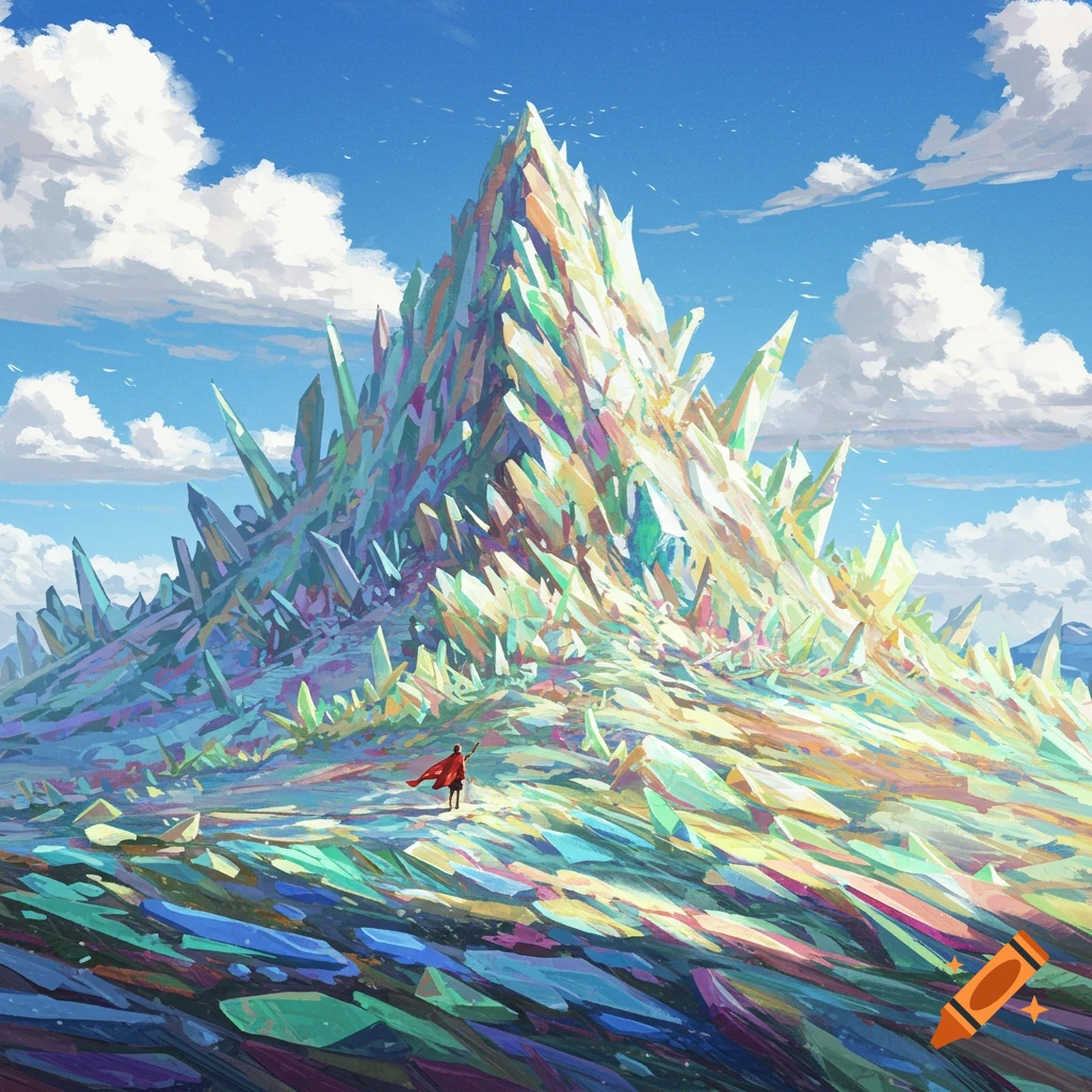 Person in red cloak standing before a massive iridescent crystal mountain under a blue sky.