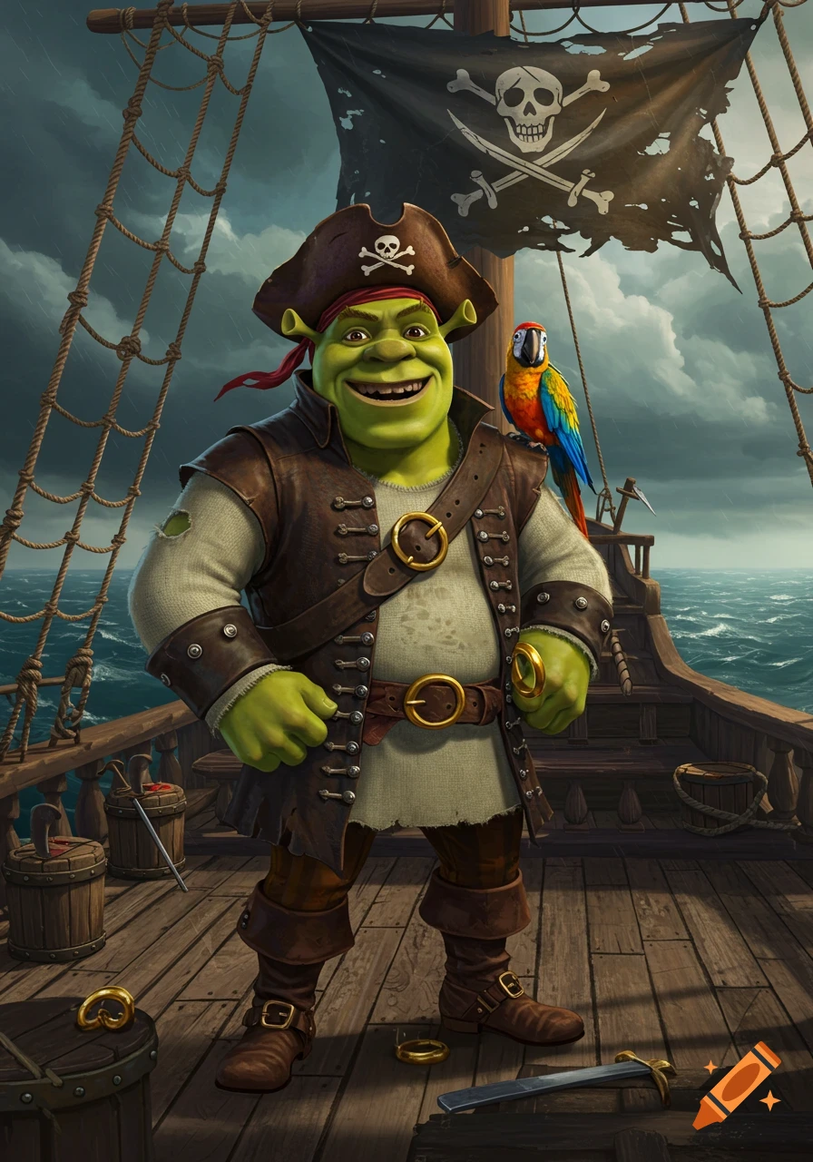 Shrek dressed as a pirate on a ship deck with a parrot on his shoulder and a pirate flag.