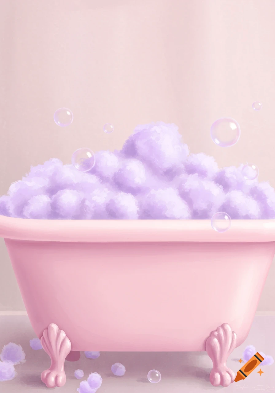 A pastel pink bathtub filled with purple bubbles.