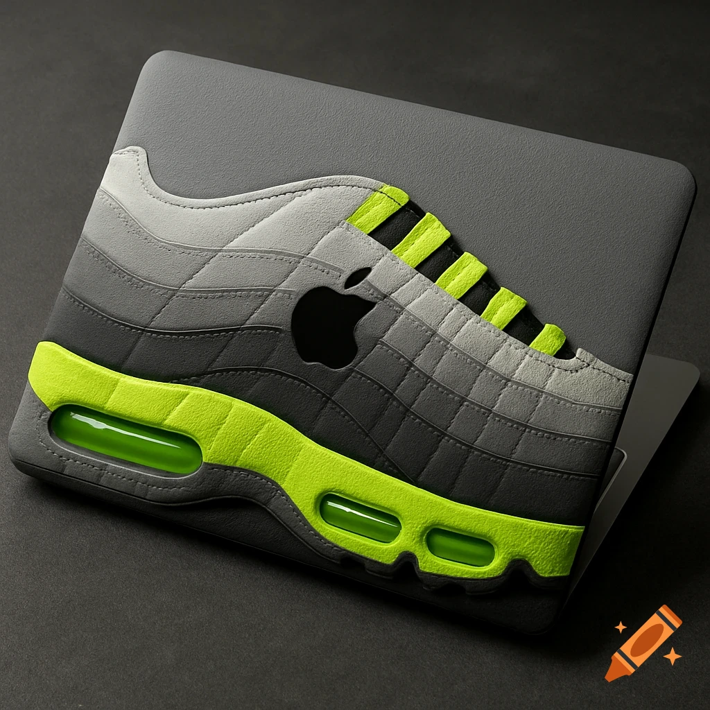 MacBook Pro with a gray and neon green cover styled like a Nike Air Max 95 shoe.