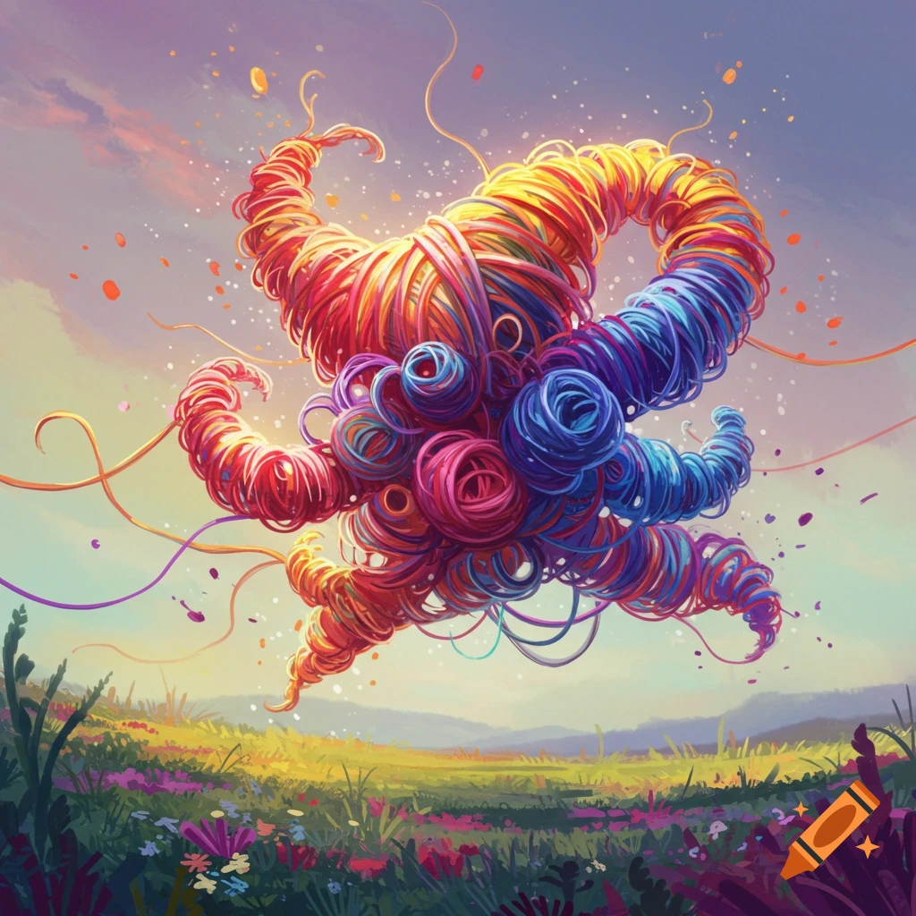 Colorful abstract yarn creature floating over a field with flowers