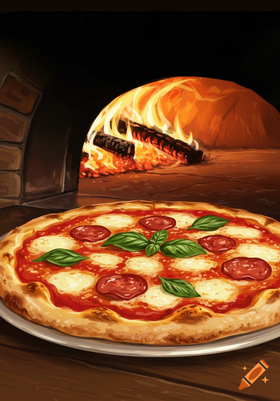 Pepperoni and basil pizza on a plate in front of a wood-fired oven, illustration style.