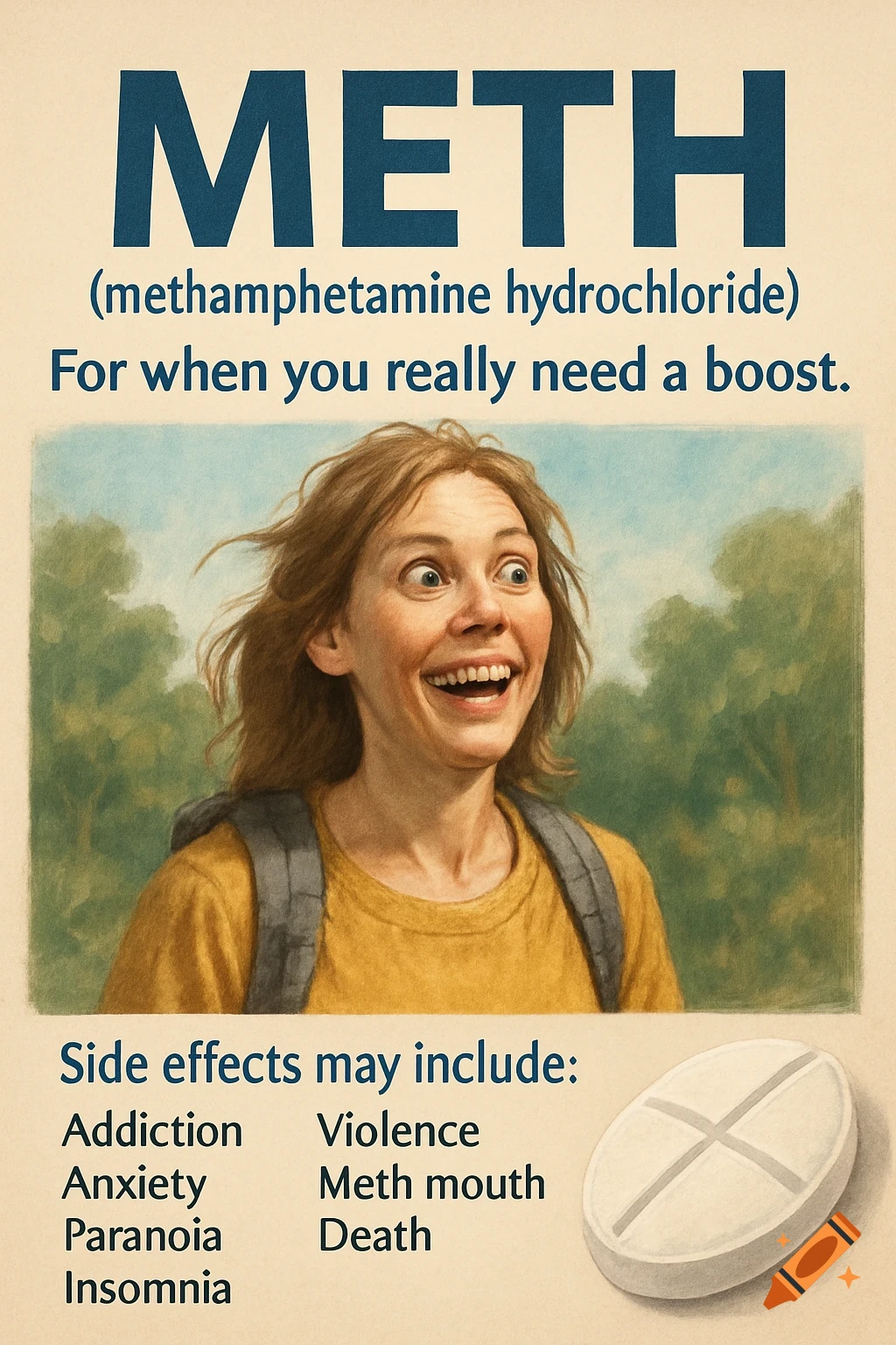Illustration of a parody ad for meth showing a woman with a manic expression and text about side effects.