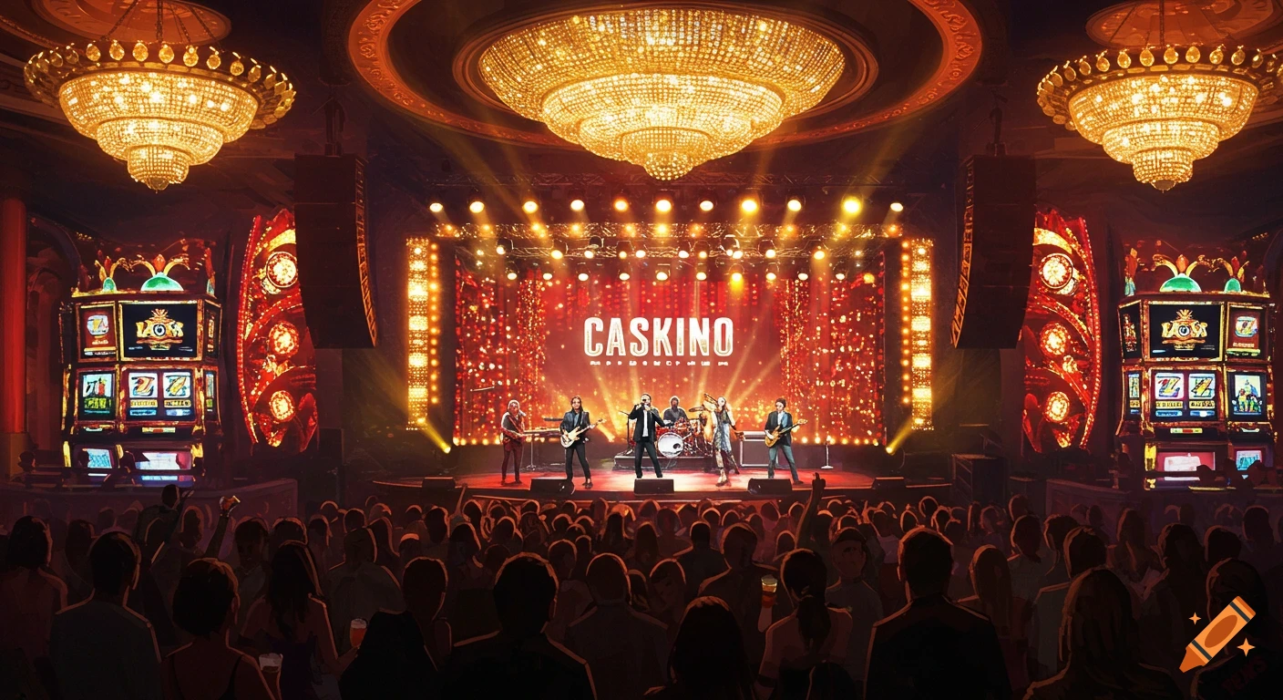 A band performs on a stage in a grand casino, featuring slot machines and a large audience.