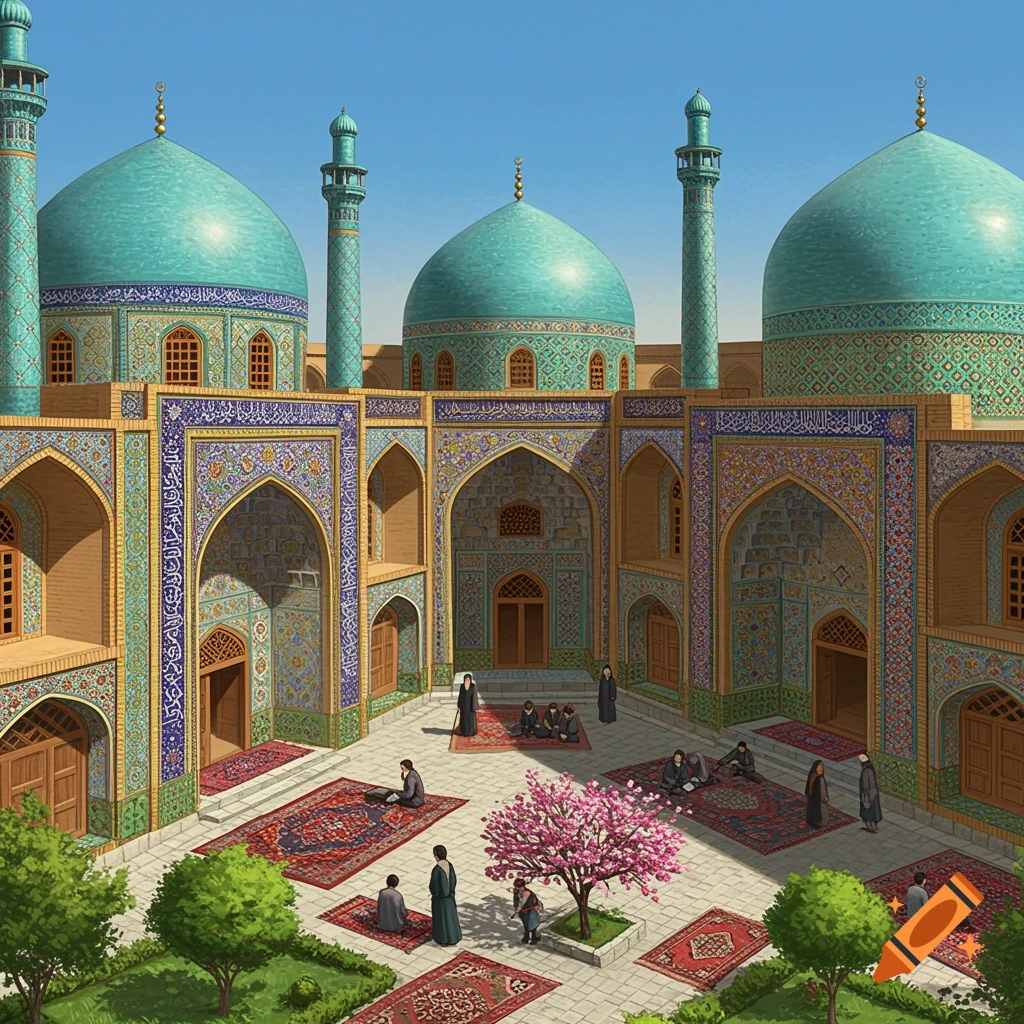 Illustration of a courtyard in a mosque or old school with detailed architecture, domes, minarets, trees, and people.