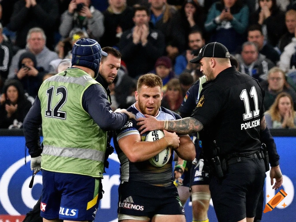 Rugby players and staff on the field, one player is being assisted by others.