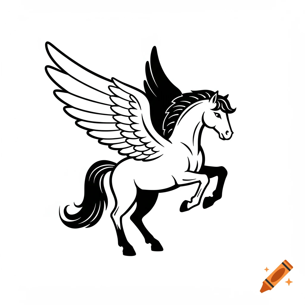 Black and white clip art illustration of a Pegasus.