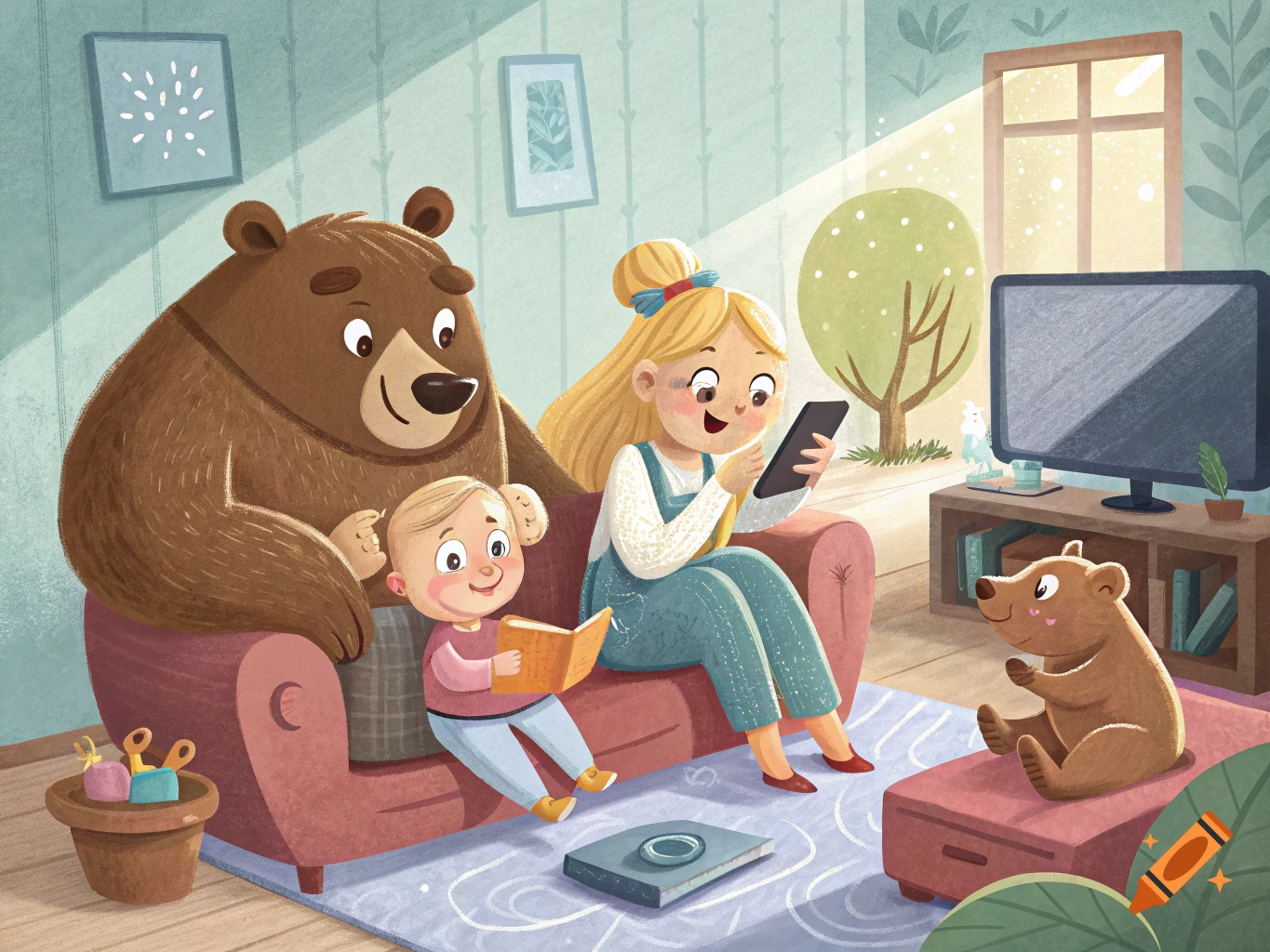 Illustration of a bear family and a girl on a couch, reading and using a phone in a living room.