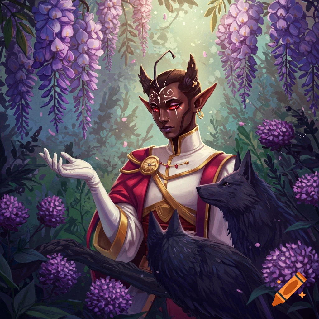 A fantasy character with red eyes and horns stands with two black wolves in a forest with hanging purple wisteria flowers. Digital painting.