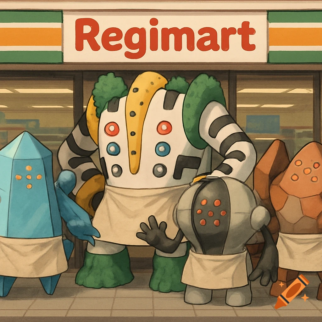 Regigigas, Regice, Registeel, and Regirock wearing aprons standing in front of a 'Regimart' convenience store.