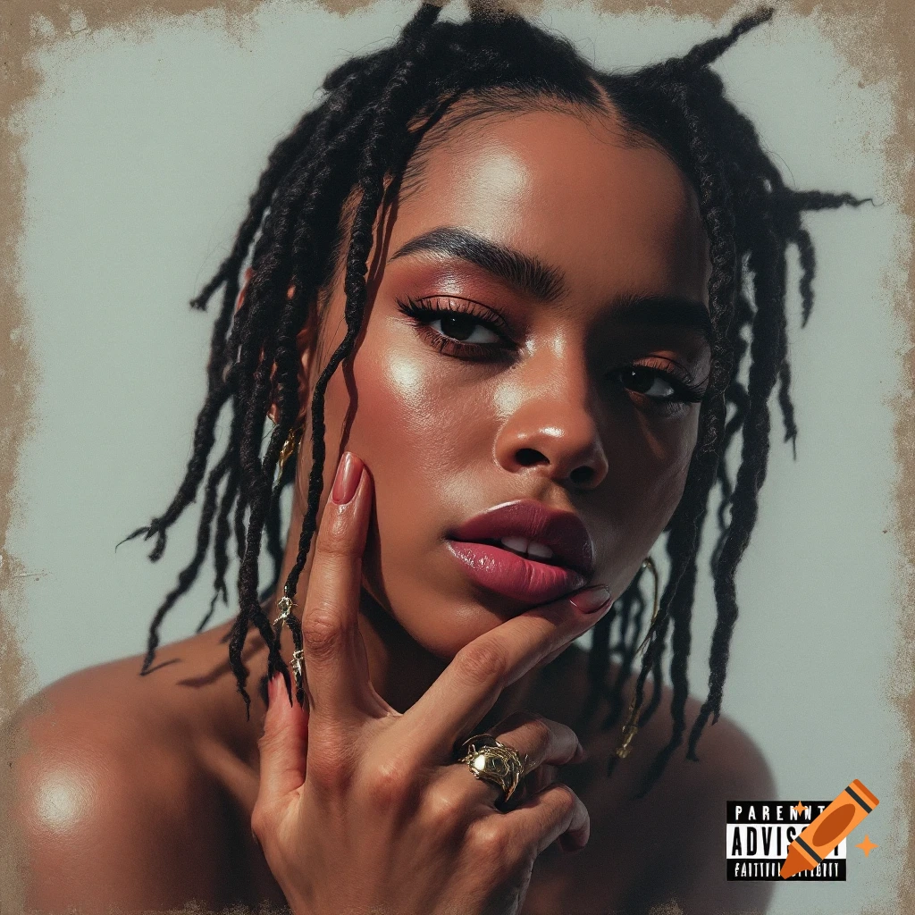 Close-up portrait of a young woman with locs, styled as album art.