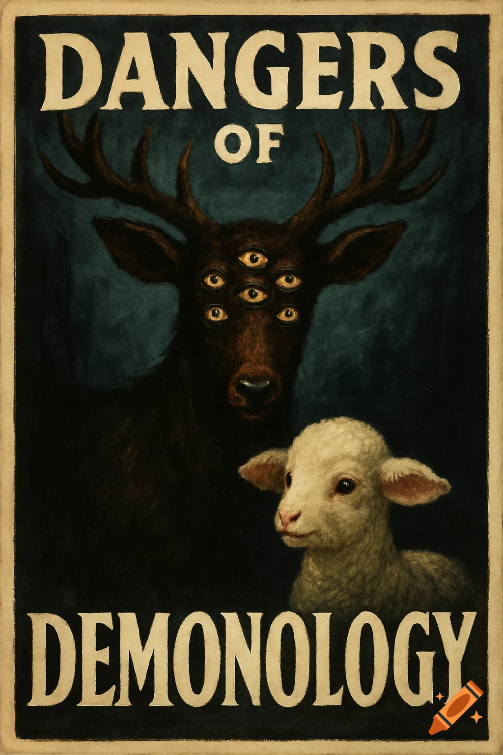 Hand-painted poster for 'Dangers of Demonology' featuring a six-eyed stag and lamb.