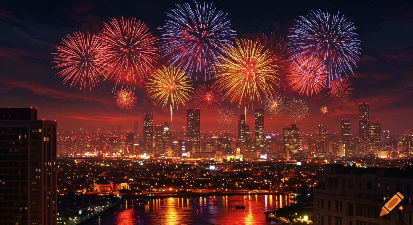 Fireworks explode over a city skyline at night, reflecting in the water ...