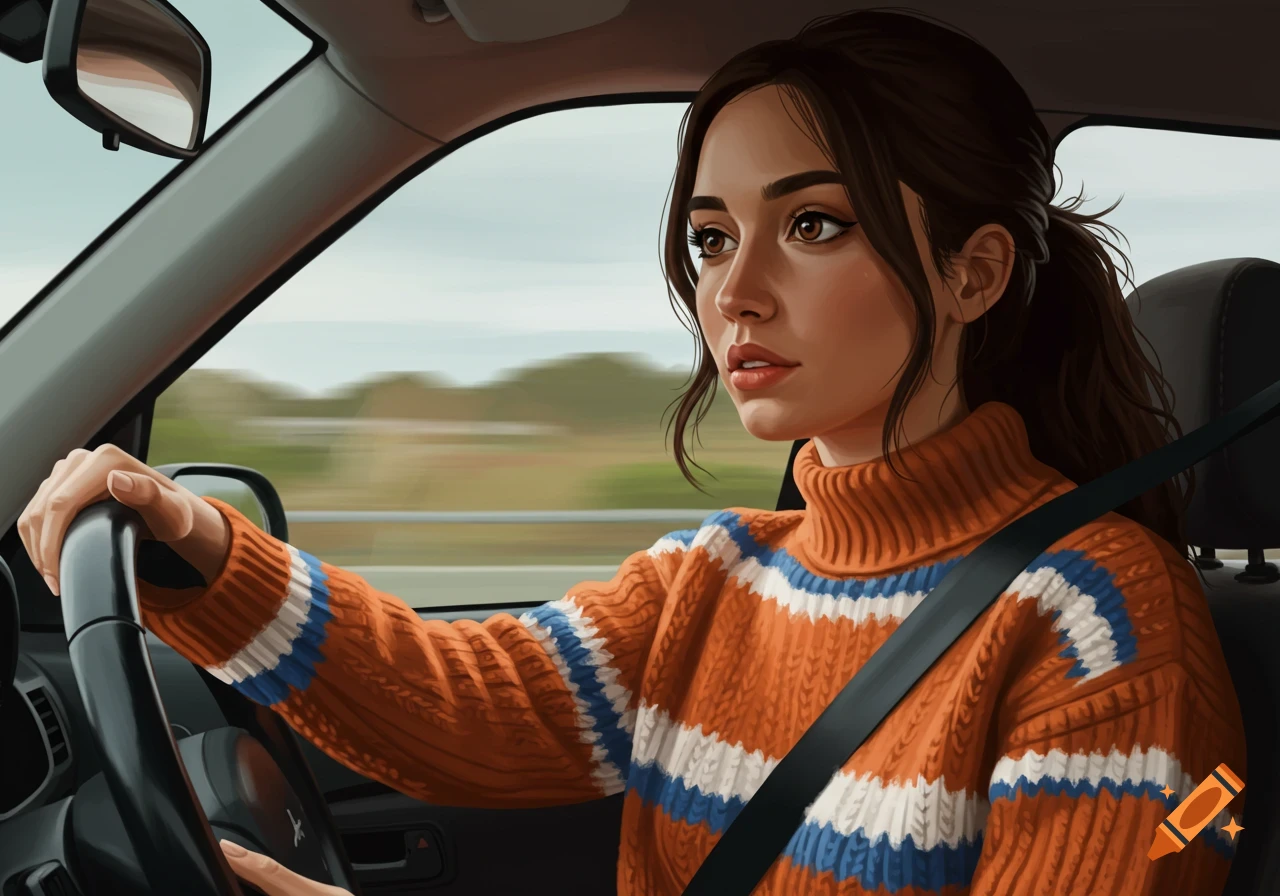 Illustration of a brunette woman in a striped orange sweater driving a car.