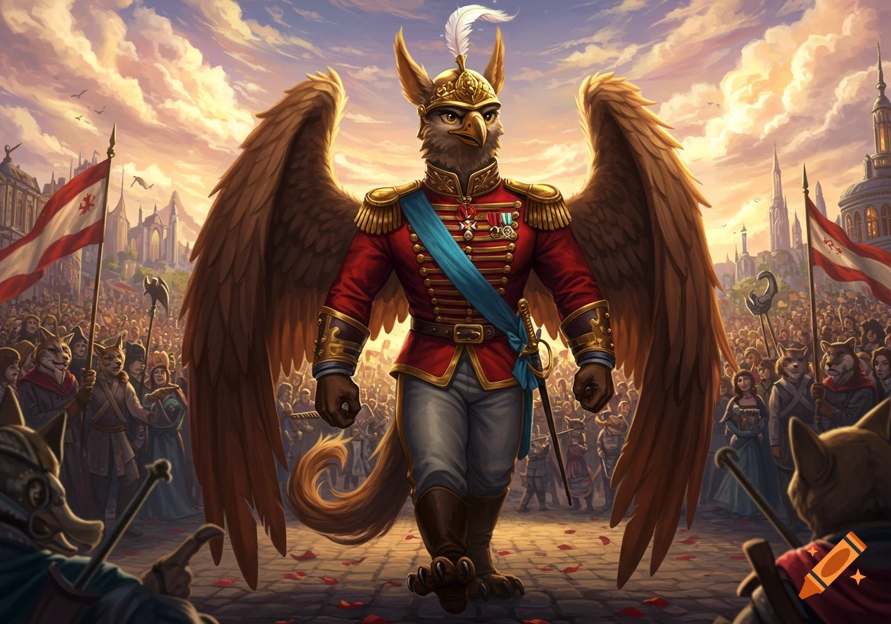 Anthro gryphon in red parade uniform marches through a city square during a parade, watched by a crowd of anthro animals.