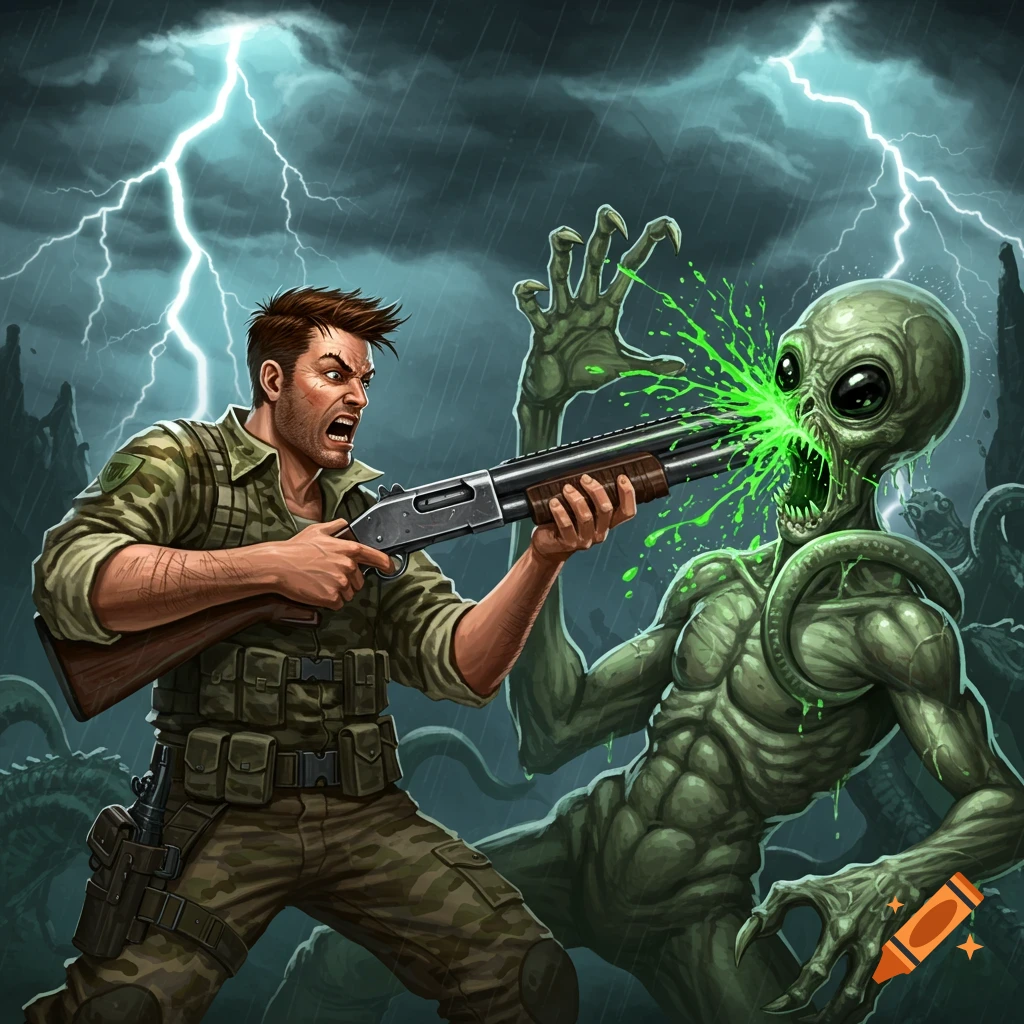 Stylized illustration of a man shooting an alien in the head with a shotgun during a lightning storm.