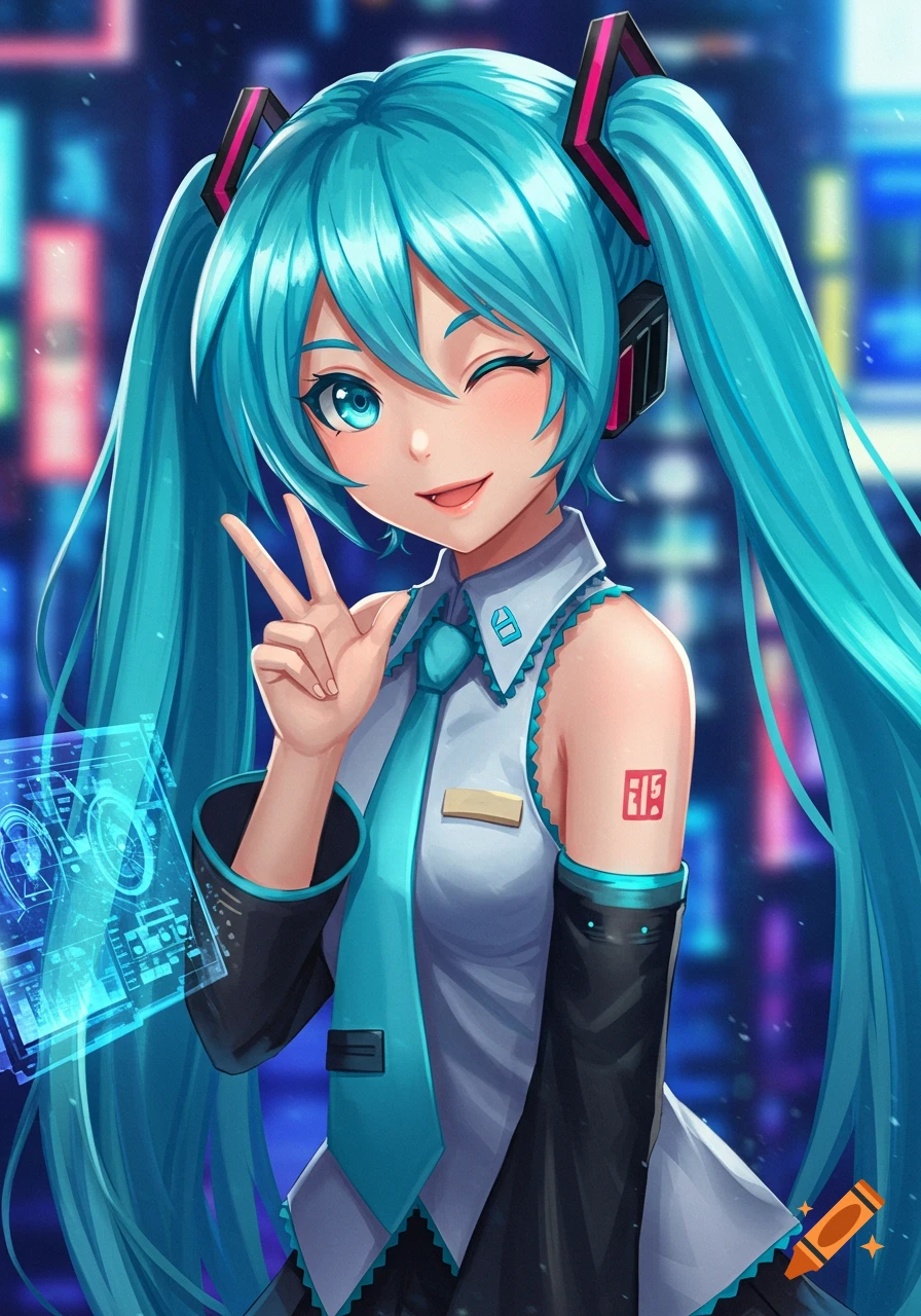 Anime girl with blue twintails winking, making a peace sign, with holographic screen and city background.