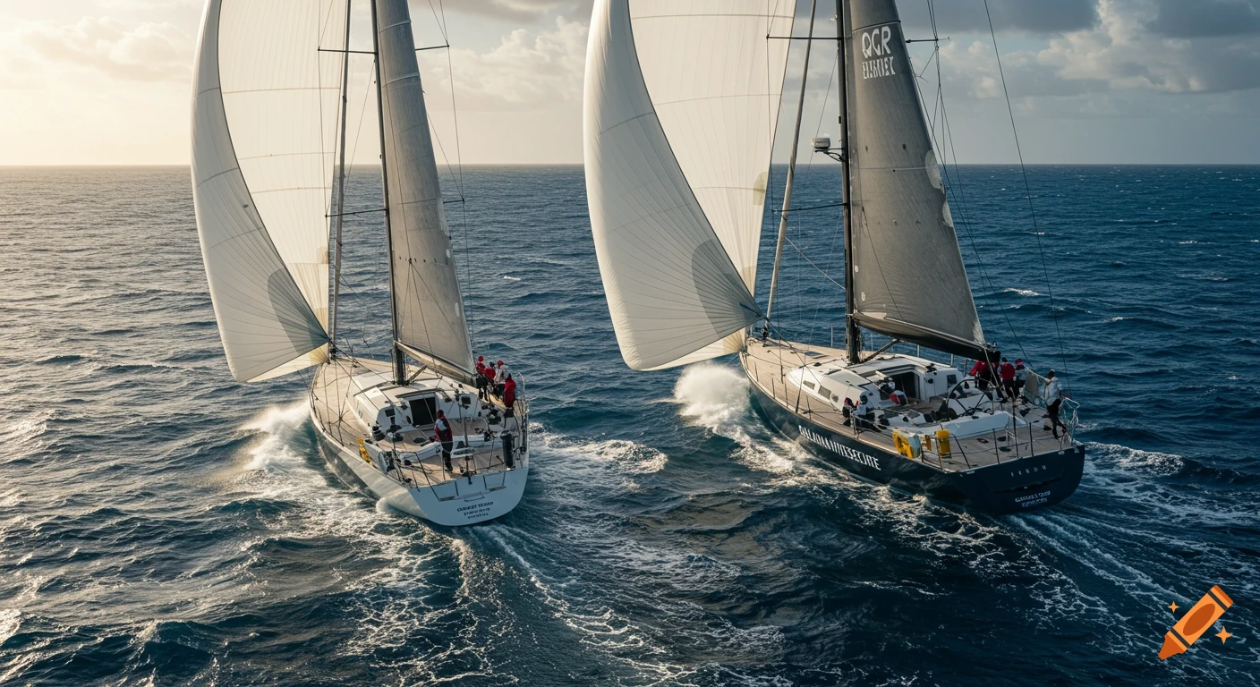 Two sailboats race on the ocean under a cloudy sky.