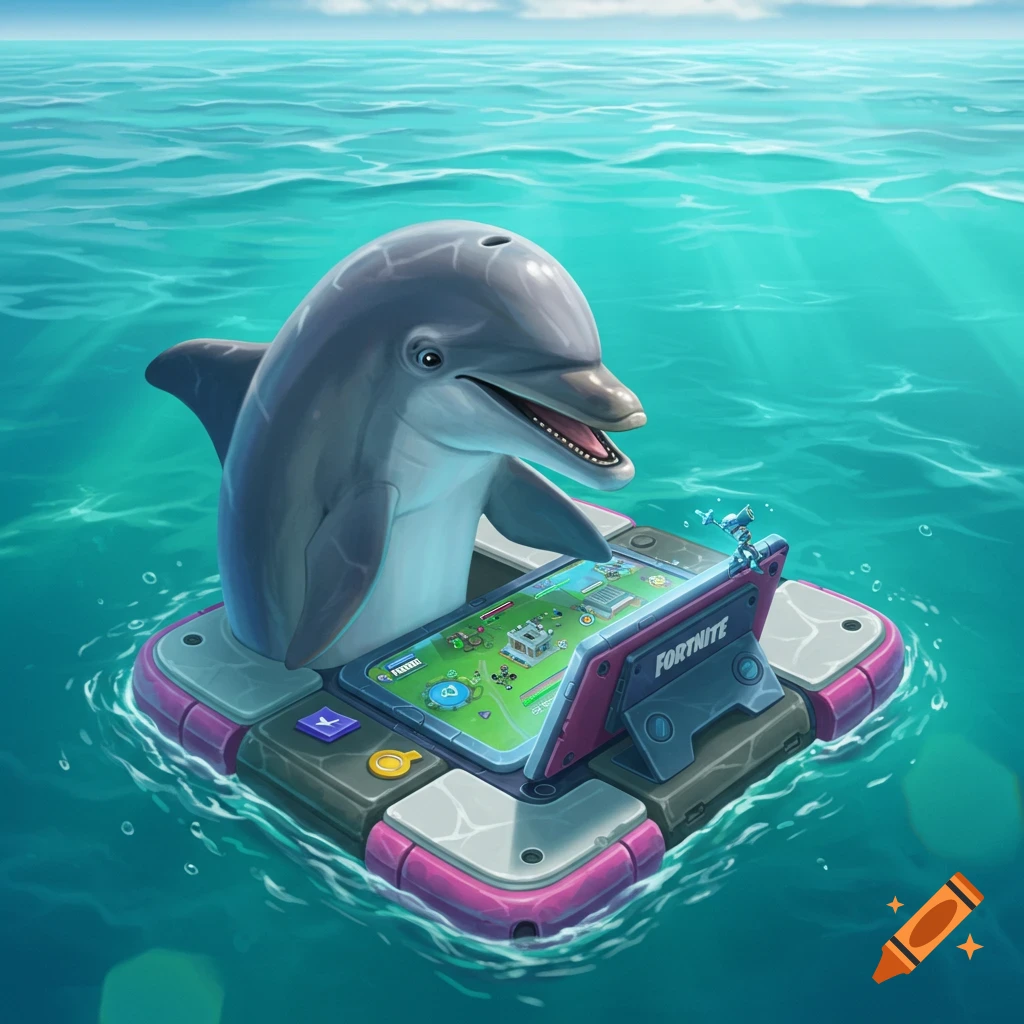 A dolphin plays Fortnite on a game console floating in the ocean.