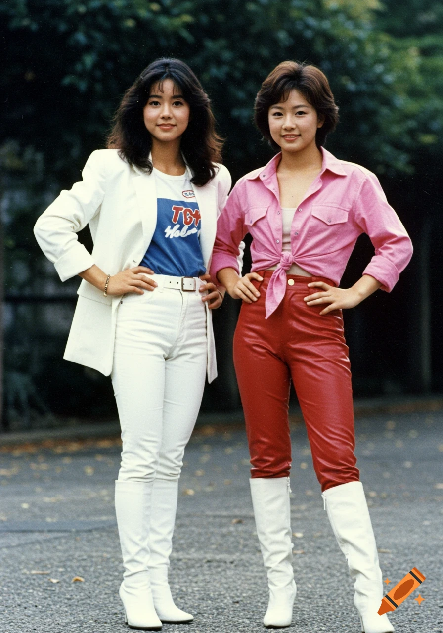 Two women in 1980s fashion pose outdoors, one in white suit, other in pink shirt and red pants.