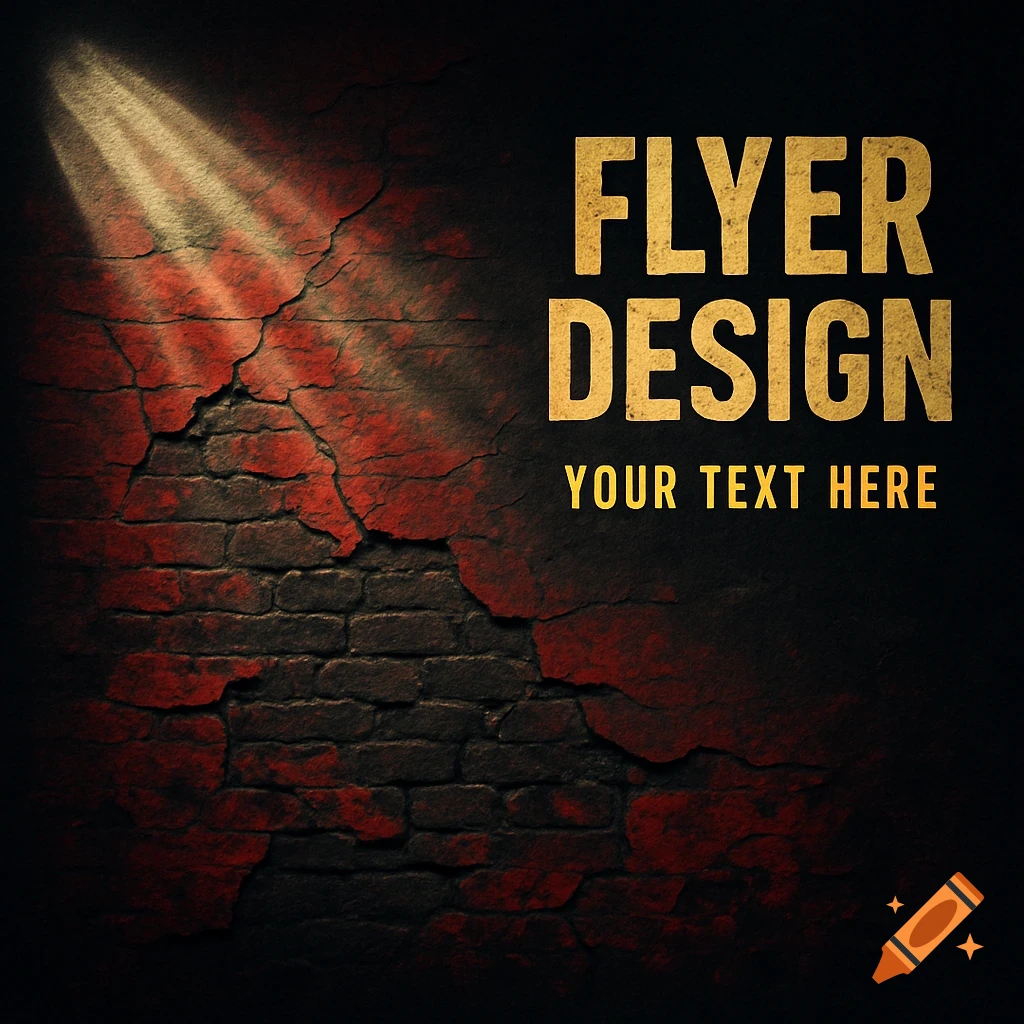 Grunge urban background with cracked brick wall, spotlight, and gold text placeholders for flyer design.