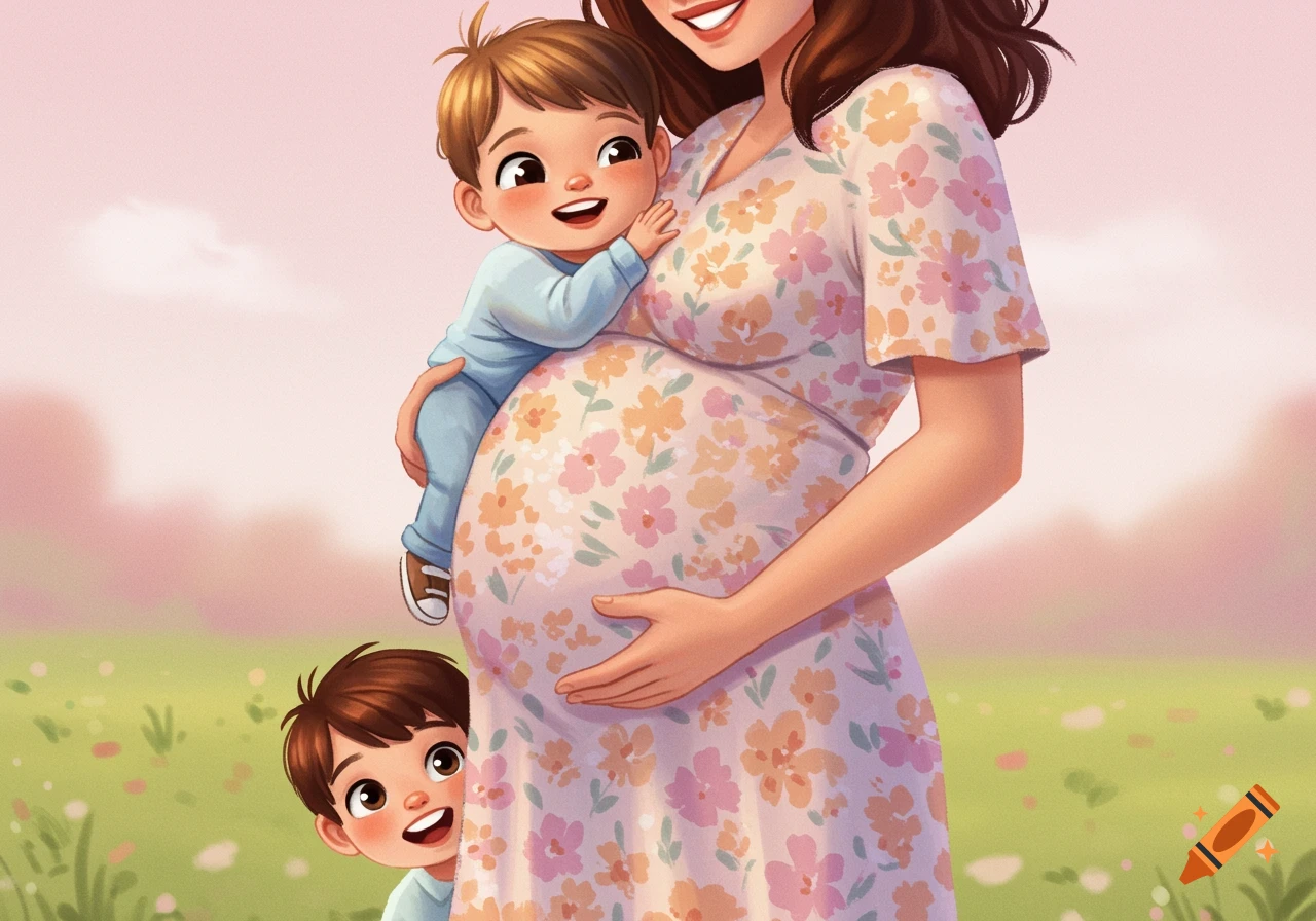Illustration of a pregnant mother hugging her toddler while a boy peeks from behind her.