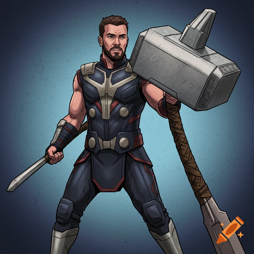 Cartoon illustration of a superhero resembling Thor in armor, holding a large hammer and a sword.