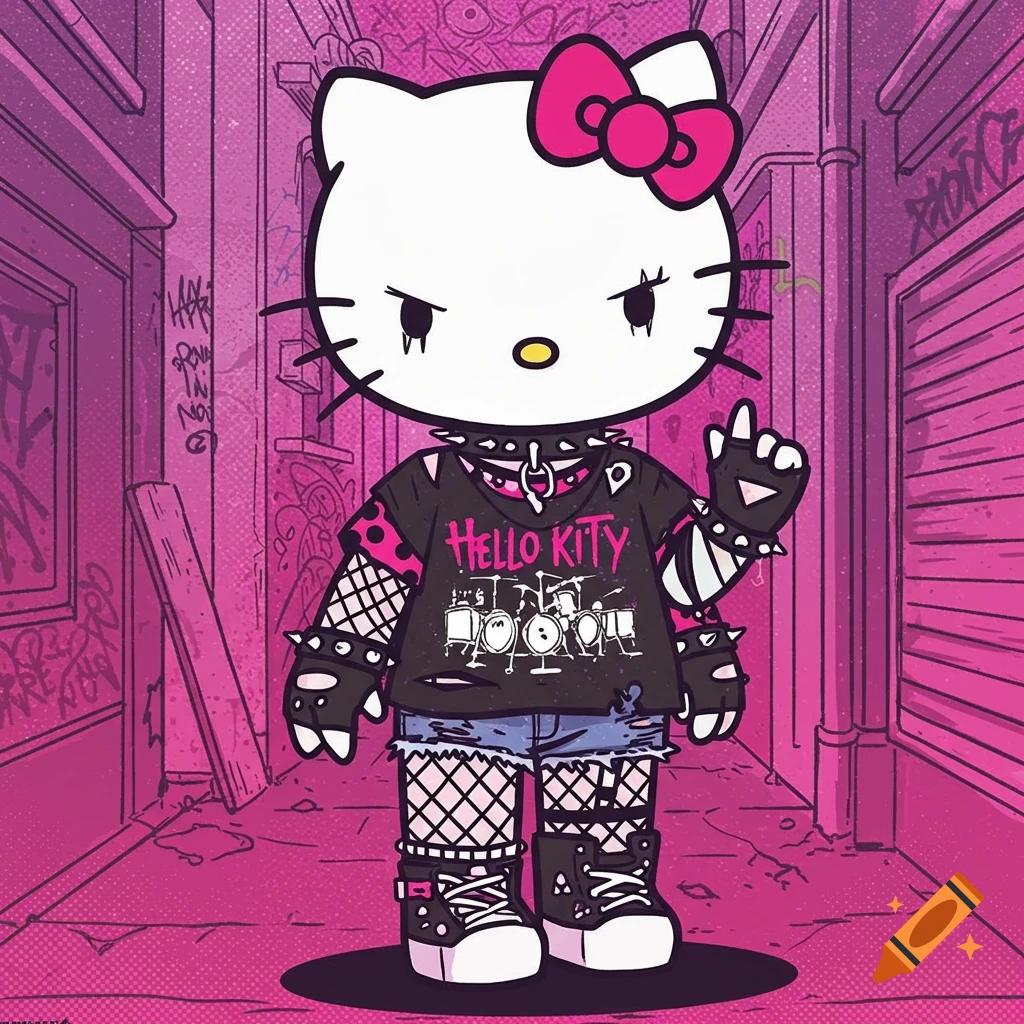 Cartoon of emo Hello Kitty with fishnets and spikes, standing in a graffiti-covered alleyway.