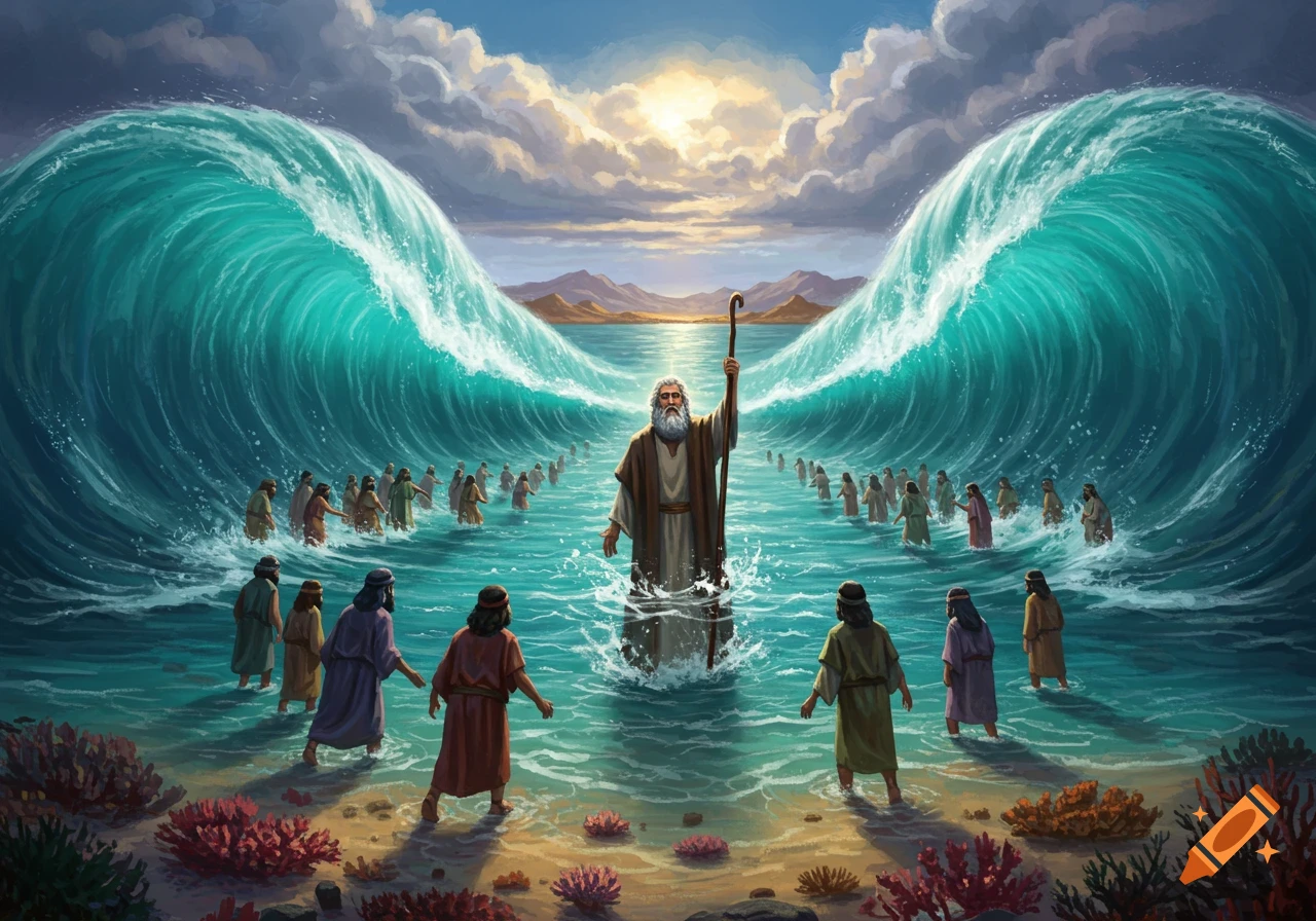 Moses parting the sea as people walk through, dramatic waves on either side, painterly style.