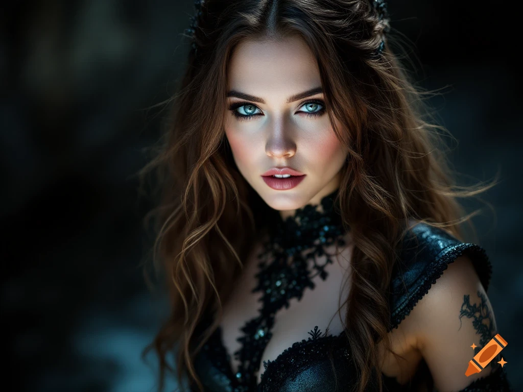 Close-up portrait of a woman with dark hair and intense blue eyes ...