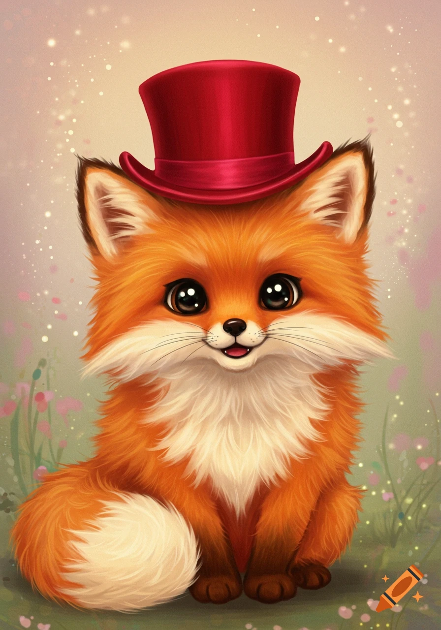 A cute cartoon fox wearing a red top hat sits in a field with sparkles.