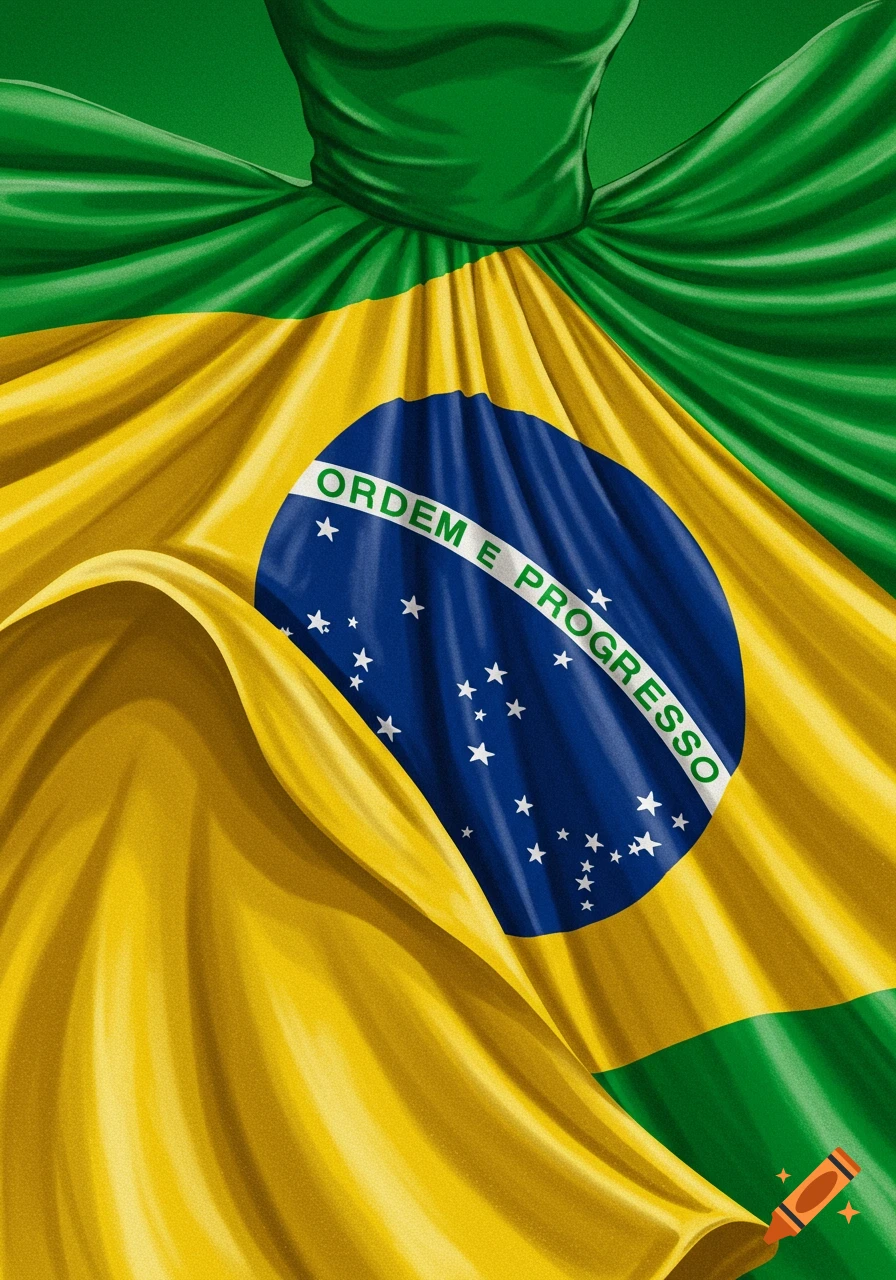 Draped fabric in the pattern of the Brazilian flag resembling a dress.