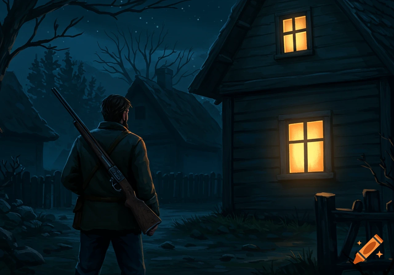 A man with a hunting rifle stands in a dark village street at night, looking at a house with warm light in the window. Illustration.