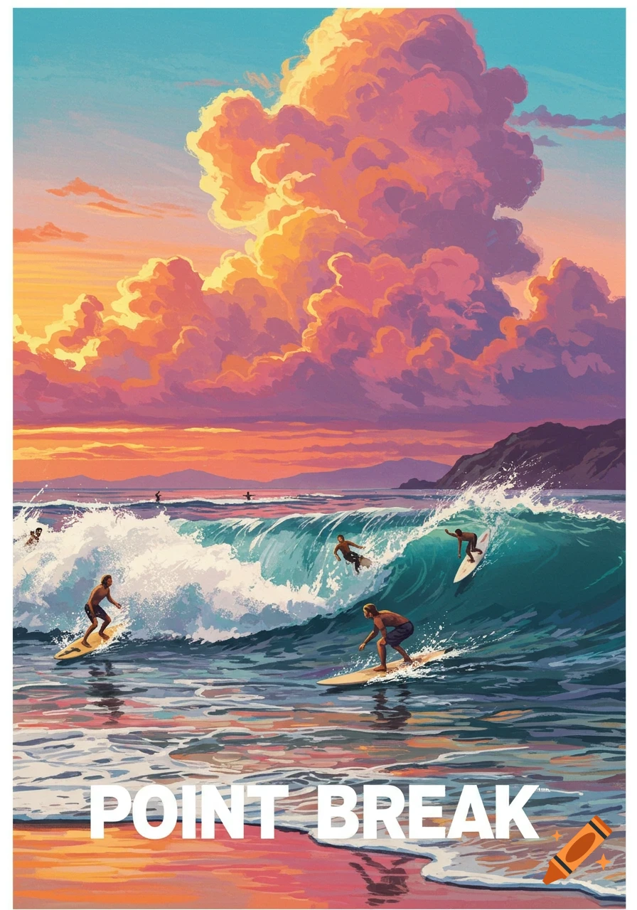 Illustration of surfers on waves at sunset with the text 'POINT BREAK'.