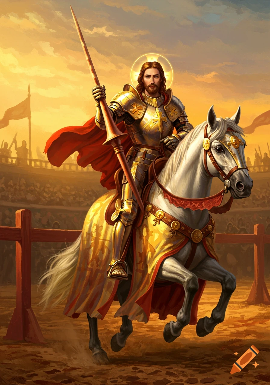 Illustration of Jesus in golden knight armor on a horse with a lance in a jousting arena.