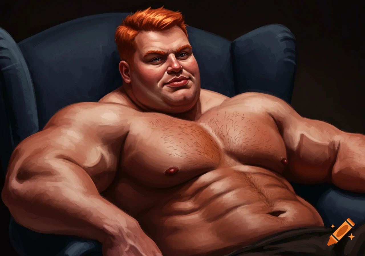 Illustration of a muscular man with red hair sitting in a chair