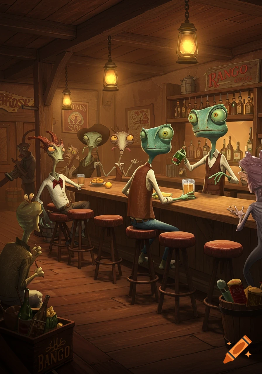 Cartoon-style aliens sit and drink at a bar in a dimly lit room.