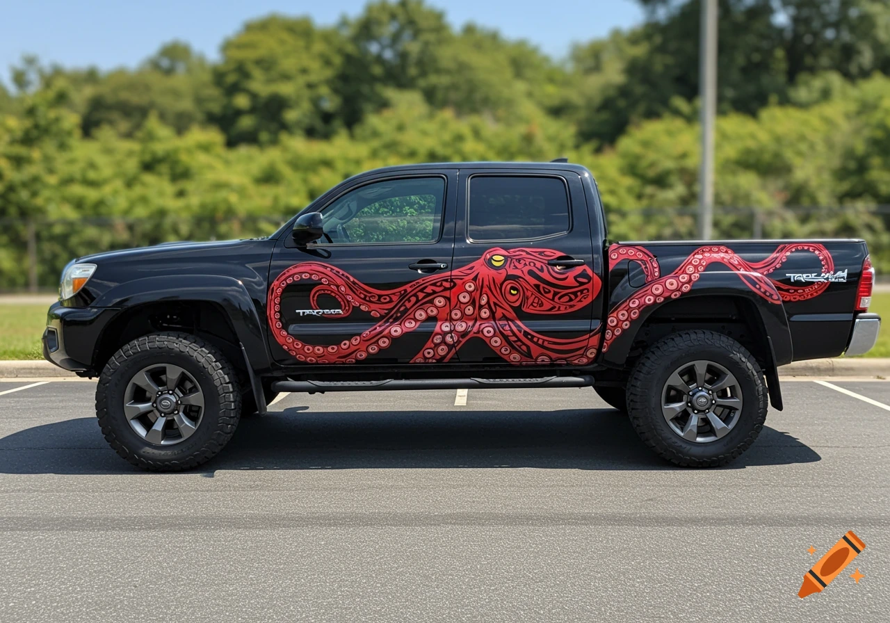 A black Toyota Tacoma truck with a large red tribal octopus decal on the side.