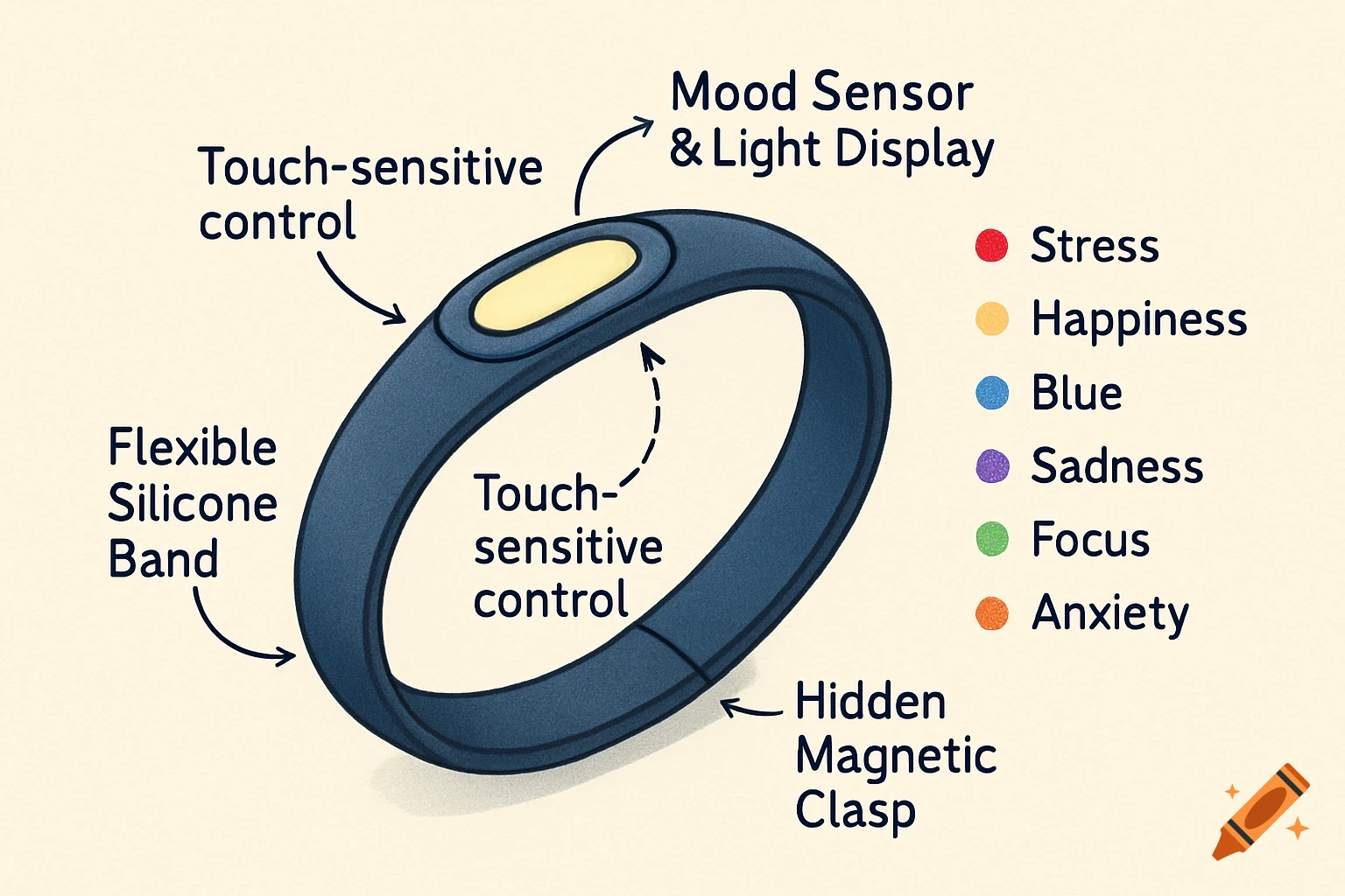 Illustration of a dark blue wristband diagram with labels for features ...