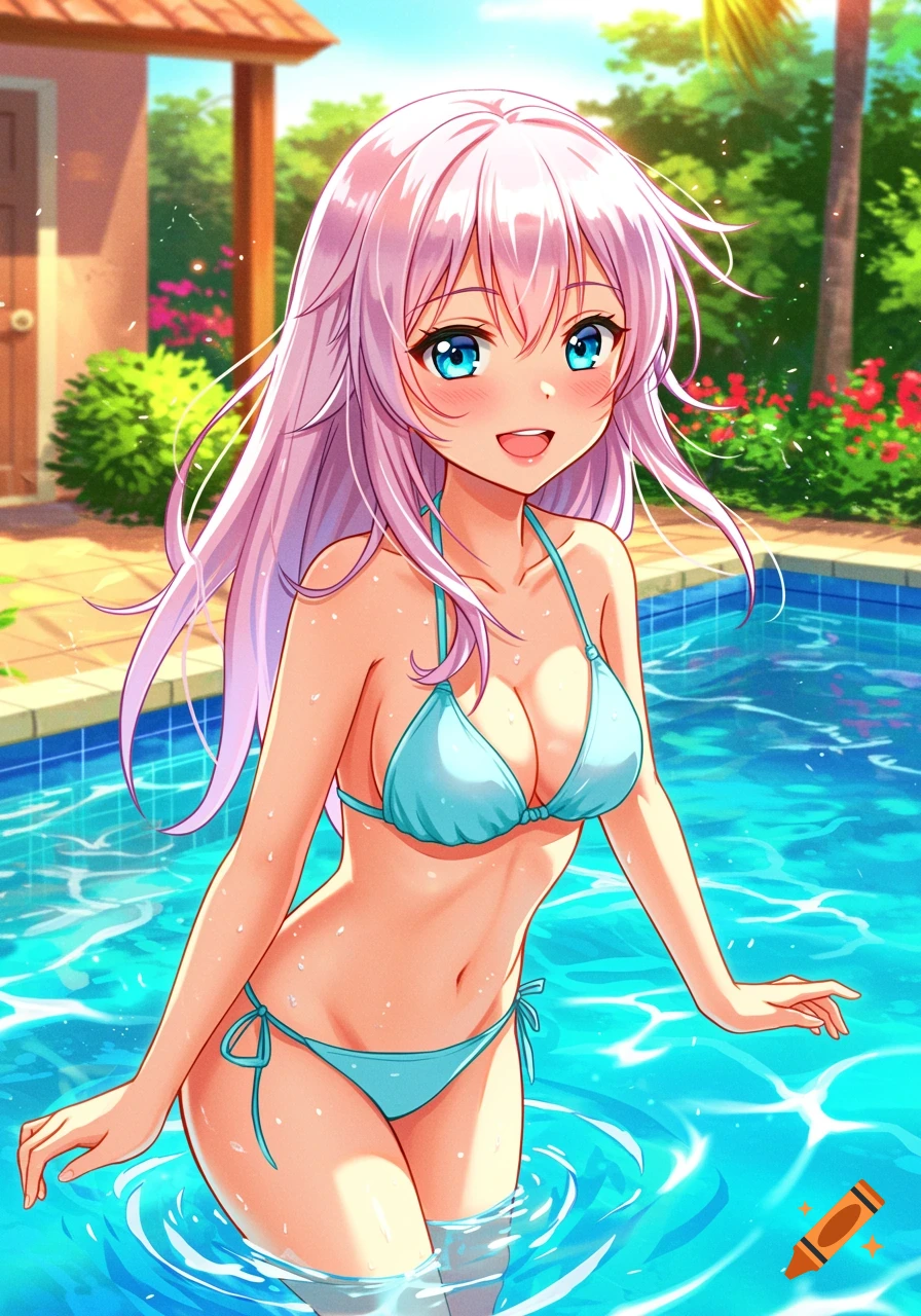 Anime girl in a light blue bikini standing in a pool.