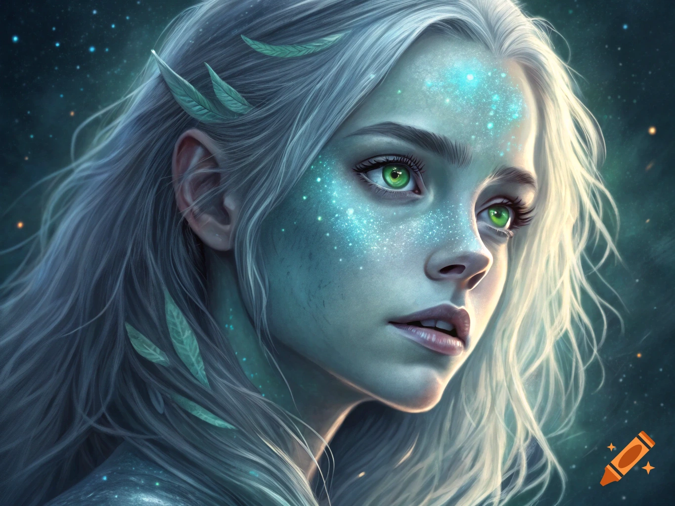 Close-up portrait of a fantasy woman/alien with green eyes, sparkling blue skin, and white hair, against a starry background.