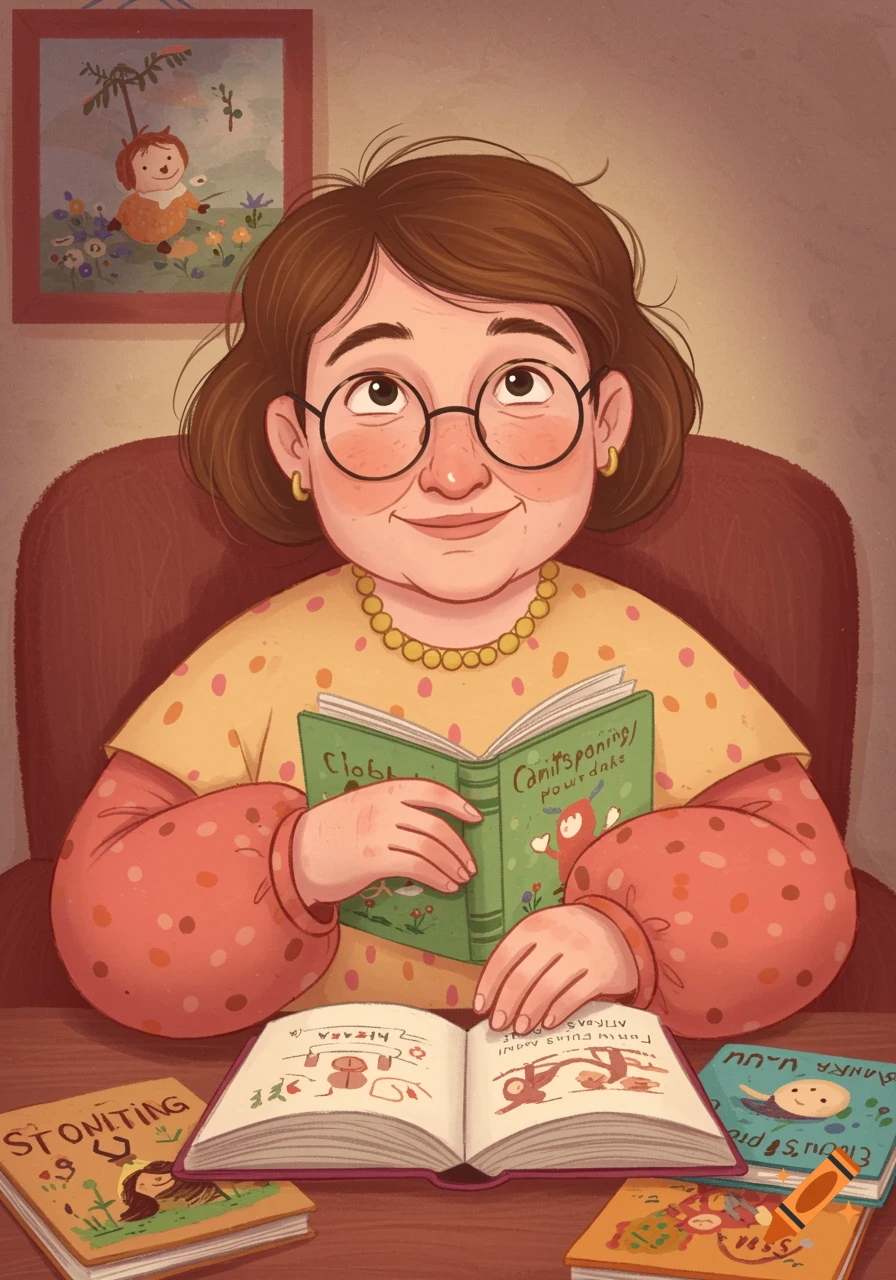 An illustrated portrait of a kind woman with glasses reading a green book, with other books open on a table.