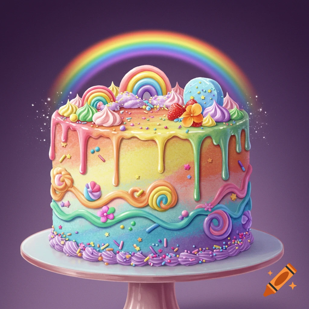 A vibrant fantasy cake decorated with rainbow frosting drips, sprinkles, candy swirls, and topped with meringue kisses and a rainbow.