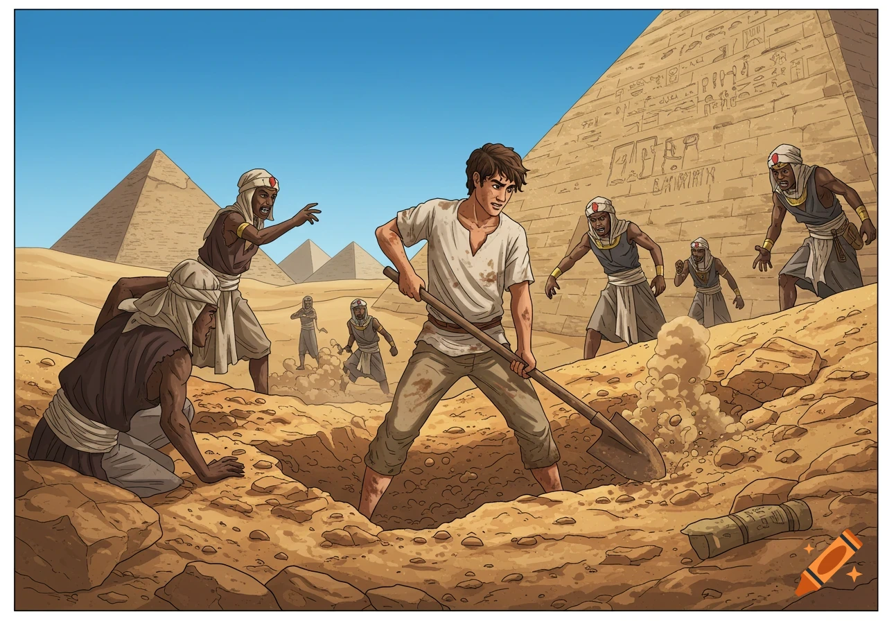 Illustration of a young man digging in the desert near pyramids while surrounded by figures.
