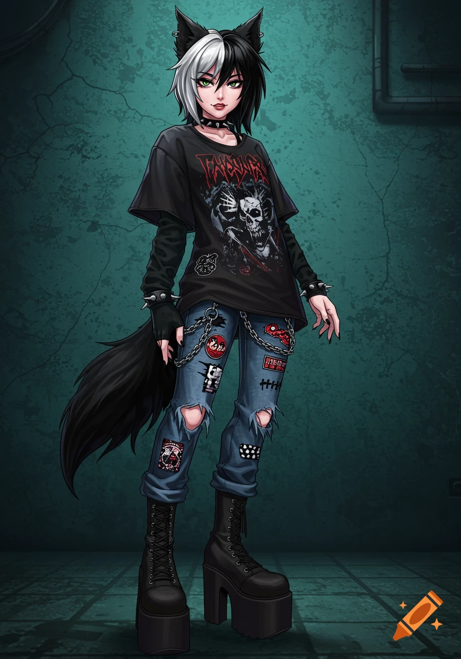 Anime girl with split black and white hair, wolf ears and tail, wearing a black band t-shirt, ripped jeans with patches, and platform boots.