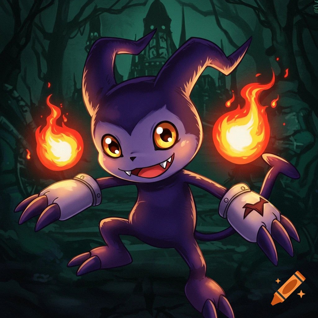 Cartoon creature with purple fur, big eyes, and fiery hands, standing in a dark fantasy forest background.