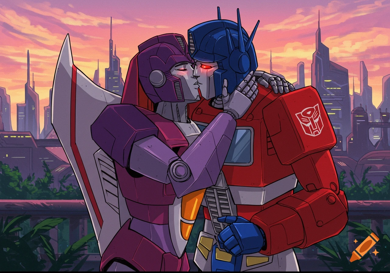 Optimus Prime and Starscream kissing in a futuristic city at dawn, cartoon style.