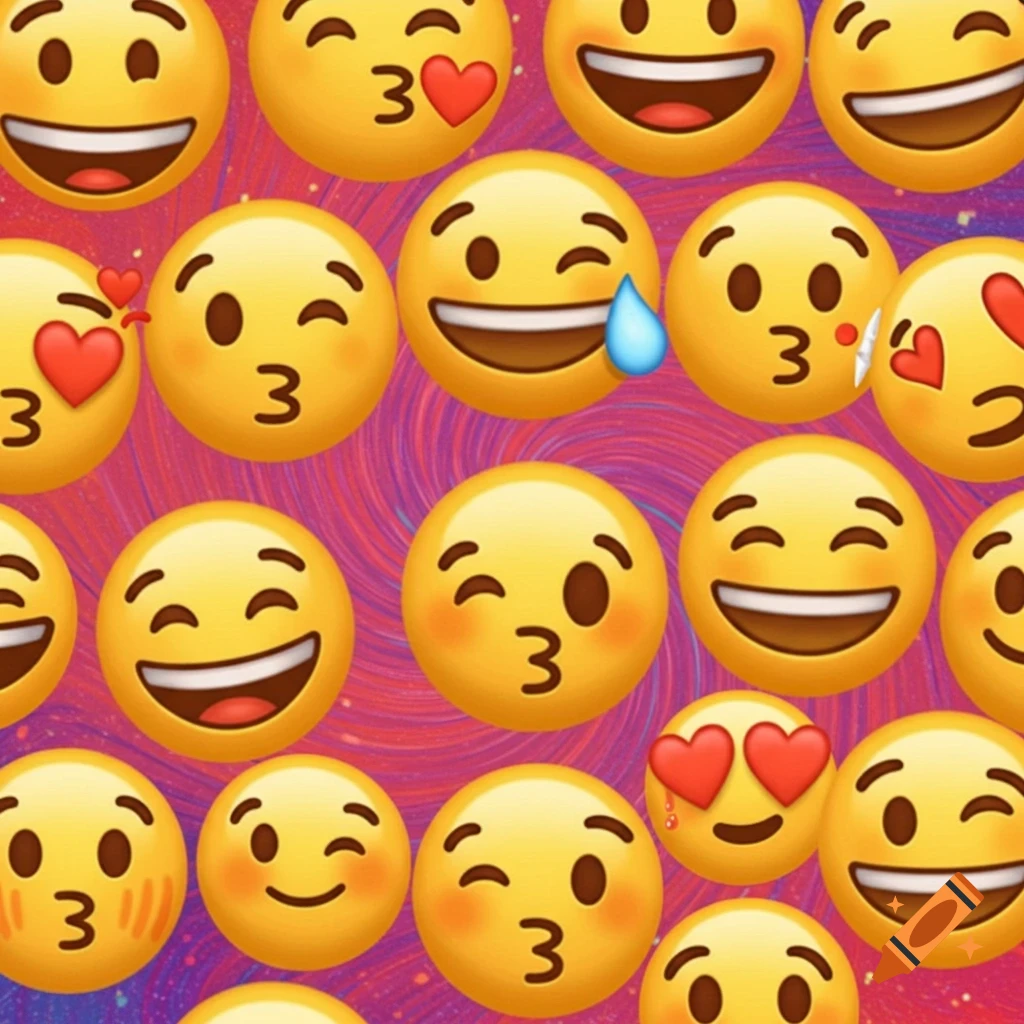 A dense pattern of various yellow emojis with different expressions like smiling, winking, kissing, and heart eyes.